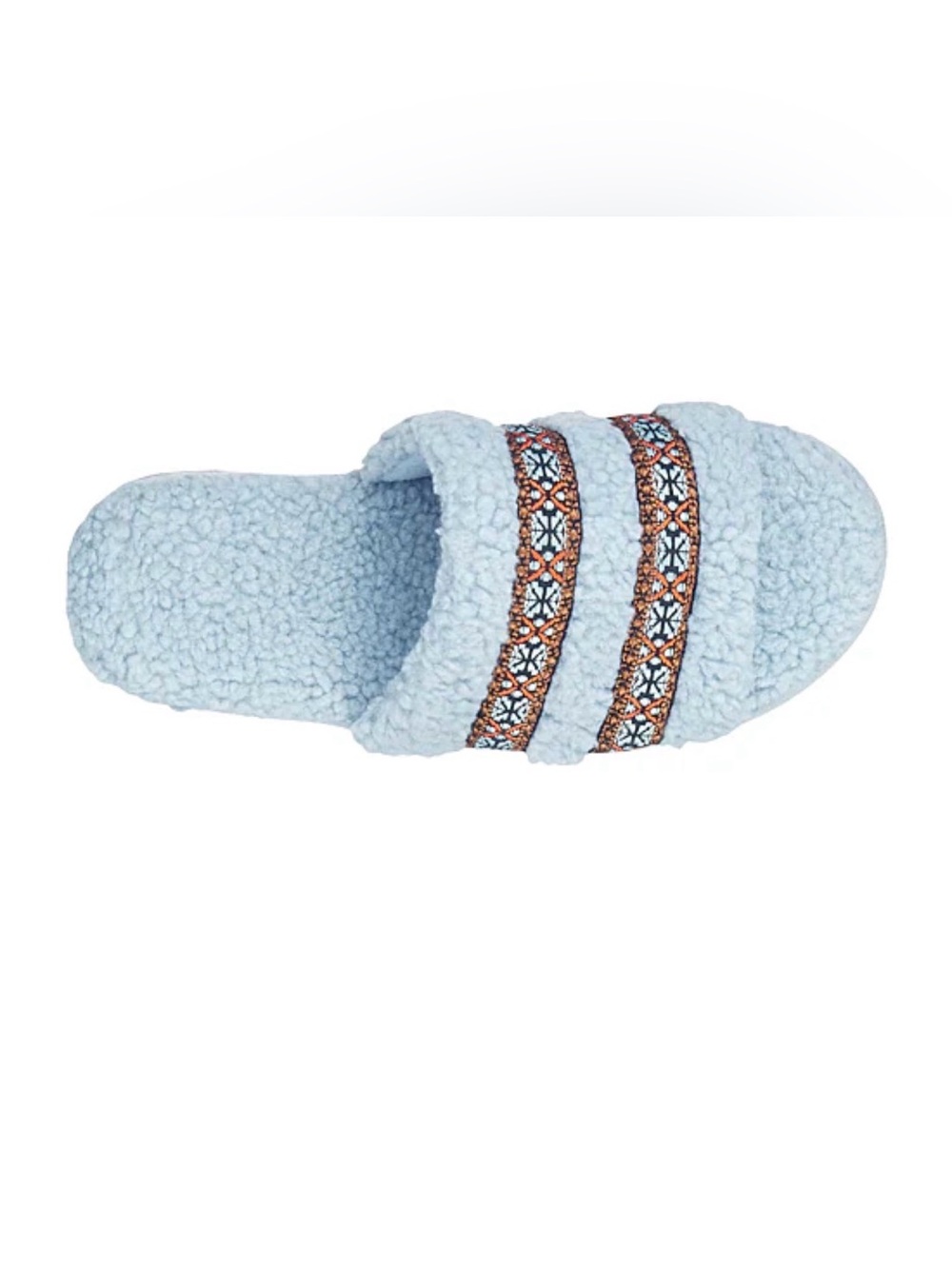 Isotoner- Fog Blue Sherpa Slide Slippers with Patterned Straps size 7.5-8